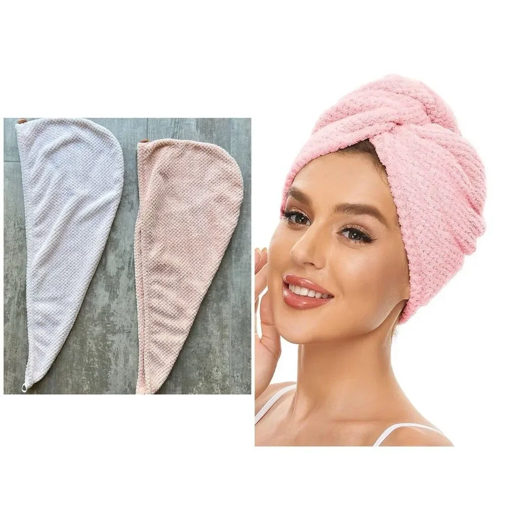 Set of 2 Pink Ultra-Absorbent Microfiber Twist Turban Hair Towel Wrap Quick Dry